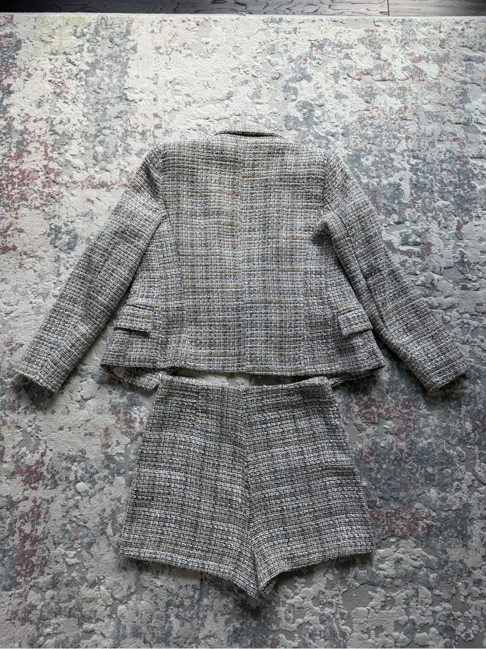 Zara Neutral Tweed Set Double-Breasted Blazer with Gold Buttons and Skort. - Picture 7 of 8